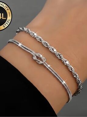 Sterling-Look Silver Knot and Rope Chain Bracelet Set